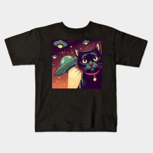 Retro cat selfie with UFO Kids T-Shirt